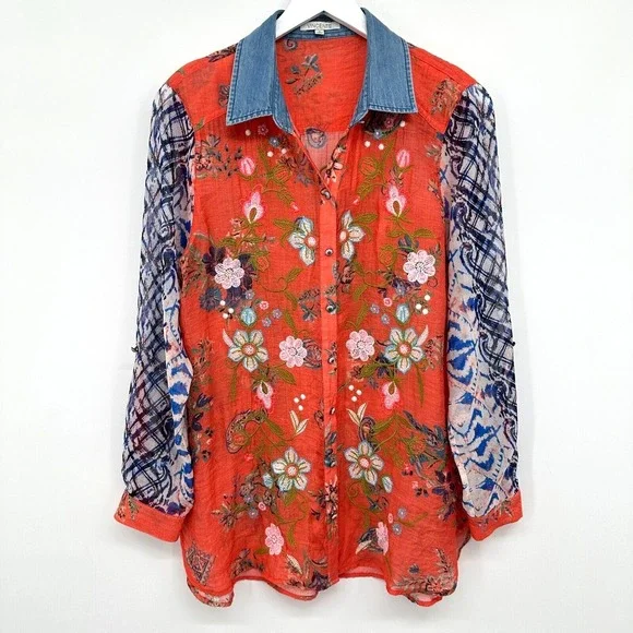 Vincente Tunic Top Shirt Blouse Size Small Embroidered Sheer Button Up Boho - Picture 16 of 16